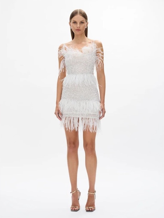 Rachel Gilbert Dresses & Skirts - Rachel Gilbert White Crystal Feather Embellished Frenchy Mini Dress AU12/US8 NWT